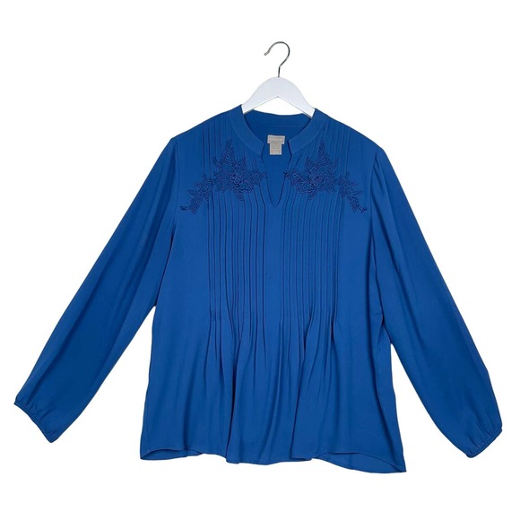 Chicos 2 (Women's Large)‎ Blue Pleated Lace Split Neck Lined Pullover Blouse - Picture 1 of 11
